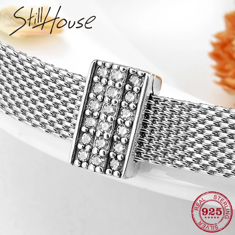 925 пробы Серебряная Прямоугольная форма прозрачный CZ бусина с зажимом подходит