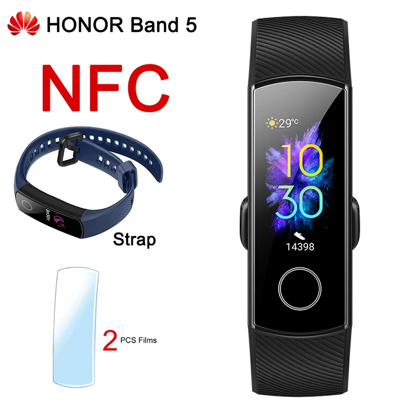 Смарт-браслет huawei Honor Band 5 NFC, измеритель пульса, кислорода в крови, спортивный смарт-браслет huawei Honor Band 5, умный Браслет - Цвет: Black NFC Blue