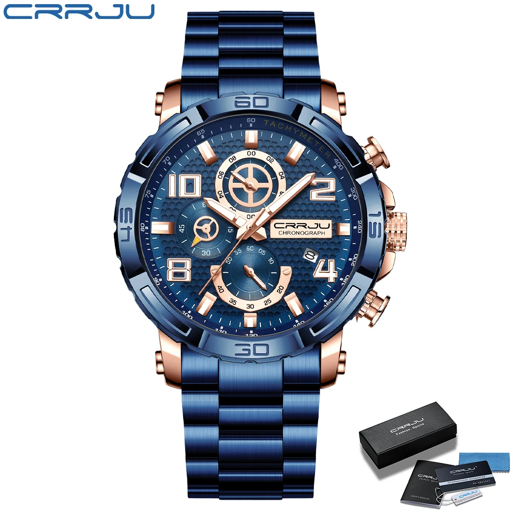 CRRJU Men Watches Big Dial Waterproof Stainless Steel with Luminous handsDate Sport Chronograph Watches Relogio Masculino 