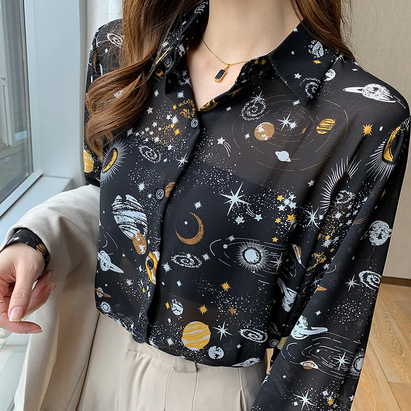 Autumn 2024 New Women's Lolita Style Printed Long Sleeve Shirt Fashion Thin Satin Girl's Top Star Sky Pattern Lantern Sleeve fashion foulard femme hot sale women shawls twill silk satin smooth thin scarf print pattern 130 130cm square head scarves hijab