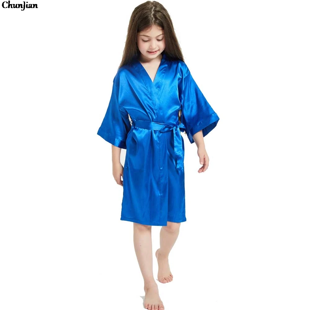 Teens Girls Satin Pajamas Children Solid Silk Satin kimono Robes Girls Bathrobe Sleepwear for 8 10 12 14 Years Spa Wedding Robes