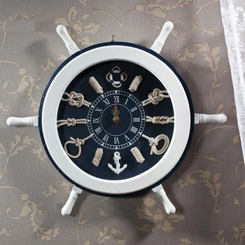 

Silent Mediterranean Style Decorative Clock Solid Wood Ship Rudder Steering Wheel Wall Clock Living Room Background Wall Hanging