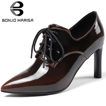 

BONJOMARISA New Fashion Elegant Lady Pumps Lace Up Pointed Toe High Heels Mixed Color Pumps Women Spring Office Shoes Woman