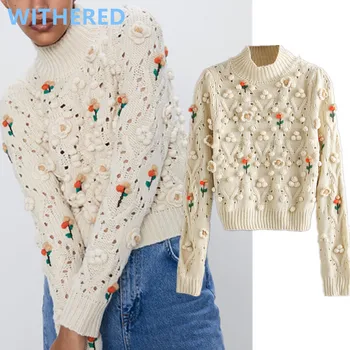 

Withered sweaters women indie folk vintage floral embroidery Hand-made crochet hook hollow out short knitted sweaters women tops