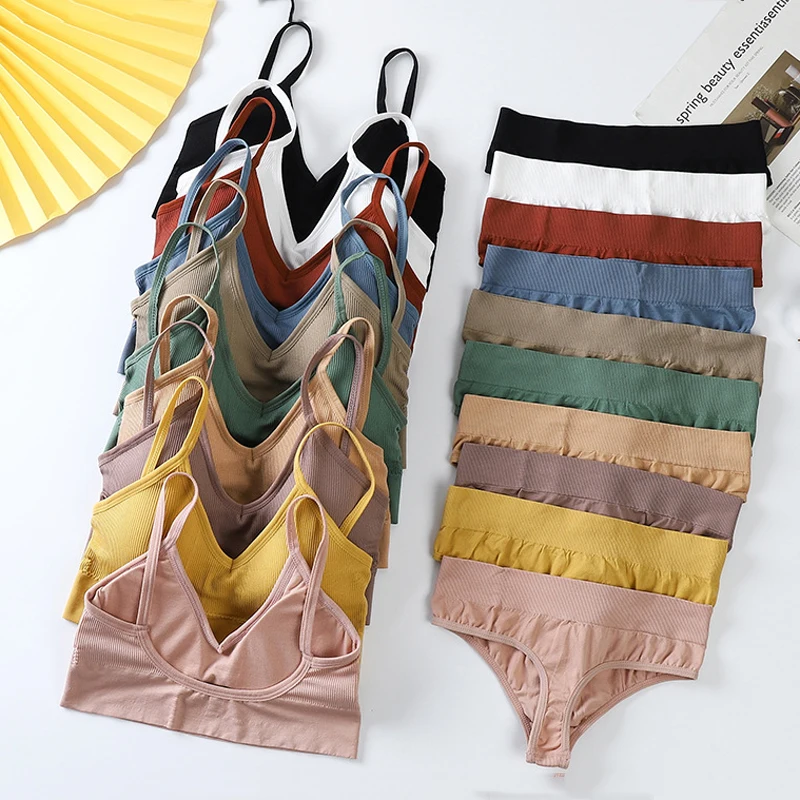 Women Lingerie Set Seamless Bra Bralette Thong Low Waist Panties Wire Free Wireless Brassiere Cotton Female Underwear