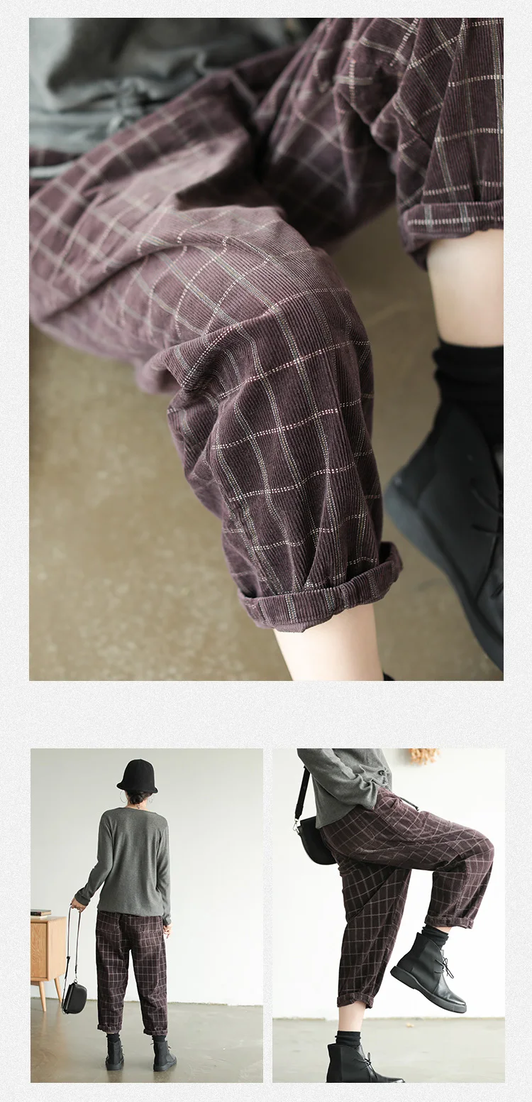 Женские вельветовые клетчатые брюки, Новинка осени, эластичная резинка на талии, с карманами, винтажный пояс