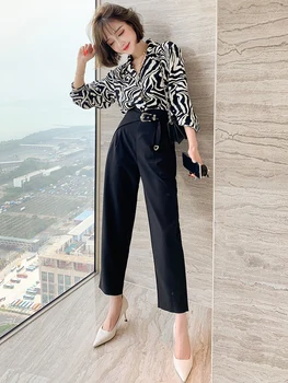 

Fashion contrast color zebra print shirt + irregular high waist straight pants suit women's 2020 early autumn new