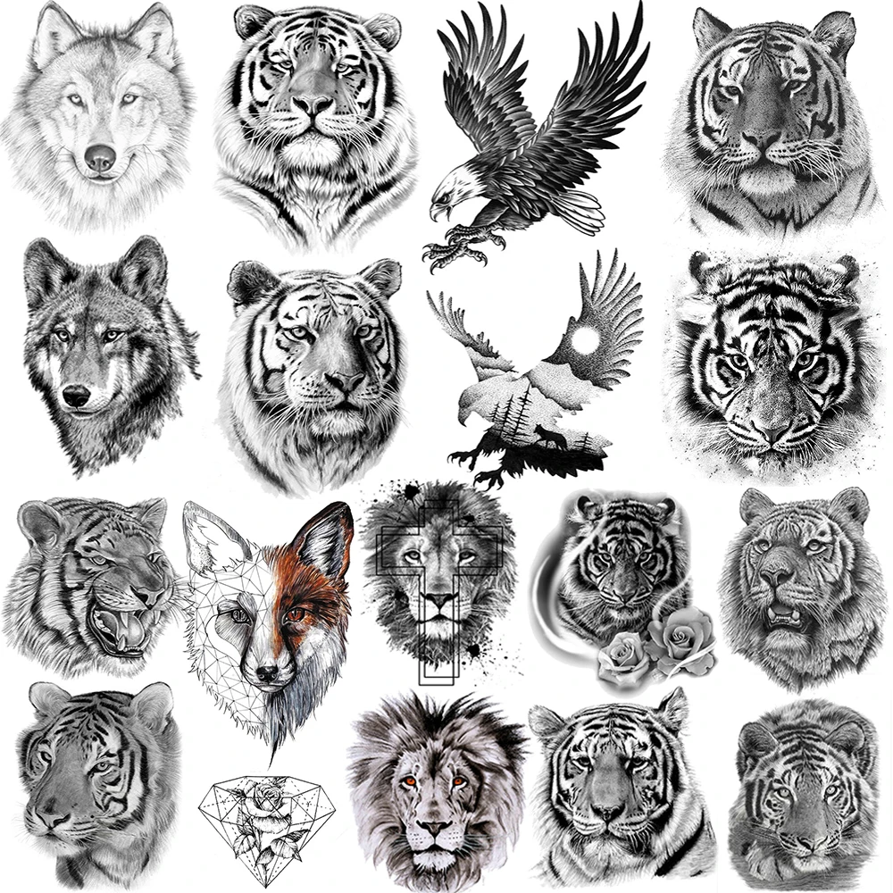 

Animal Tiger Elk Temporary Tattoos For Men Fox Wolf Eagle Fake Tattoo Sticker Owl Flower Scorpion King Tatoo Women Body Armbands