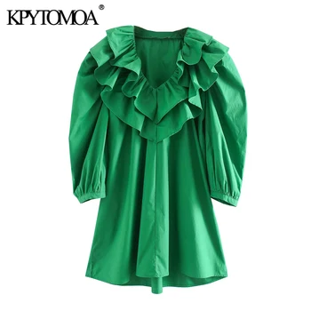 

KPYTOMOA Women 2020 Chic Fashion Ruffled Pleated Mini Dress Vintage V Neck Puff Sleeve Female Dresses Vestidos Mujer