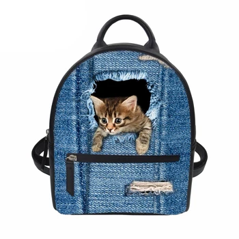 

Customzied Denim Cat Women Backpacks Female Girls School Bags Cute 3D Dog PU Leather Teenager Small Backpack Shoulder Bag Purse