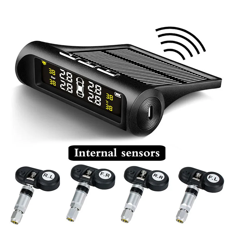 Автомобильный Солнечный TPMS монитор давления в шинах беспроводной контроль давления в шинах сигнализация или Голосовая система ЖК-дисплей цветной дисплей две установки - Тип: Internal sensor