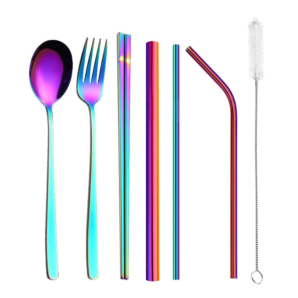Hot 8Pcs Stainless Steel Tableware Kit Chopsticks Spoon Fork Straws Cutlery Set New