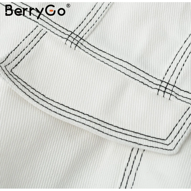 BerryGo элегантные женские джинсовые куртки с длинным рукавом Осенняя женская верхняя одежда хлопковая куртка с высокой талией пуговицы офисные женские белые пальто