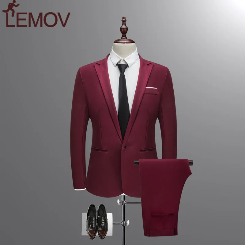 Jacket + Pant New Men Business Slim Suits Sets Solid Color Wedding Office Dress Two-piece Suit Blazers Coat Trousers Waistcoat