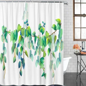

Green Leaves Vine Plant Bath Curtains Waterproof Washable Bathroom Shower Curtain Screen with Hooks Accessories