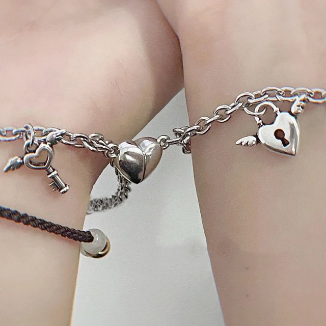 1Pair Couple Bracelets Magnetic Bracelet Heart Shaped Stainless Steel Angel  Wing Lock Love Lock Heart Charm Magnet Jewelry Gifts - AliExpress