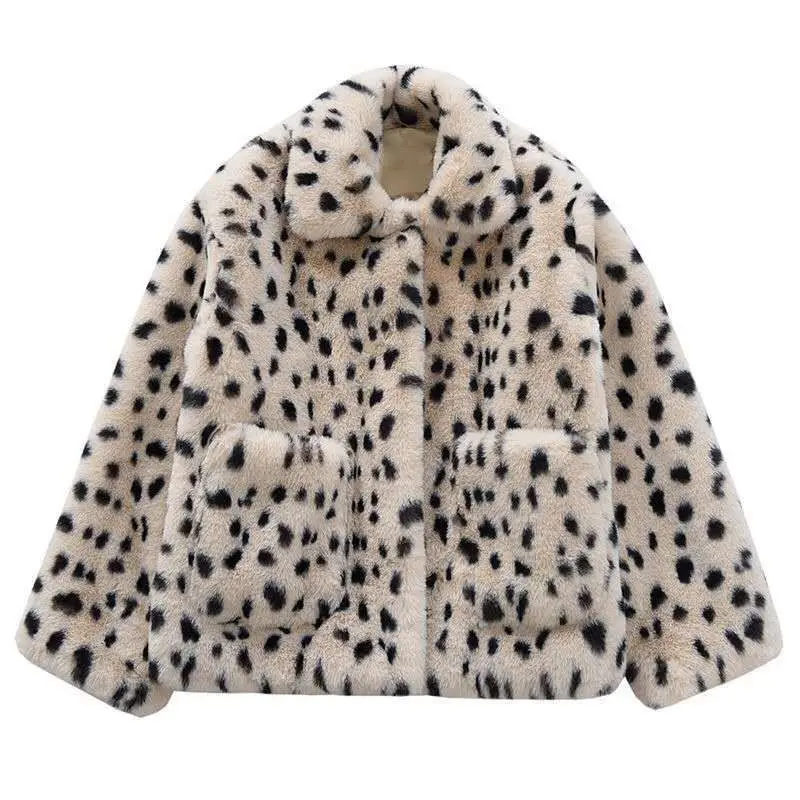 

Lamb Velvet Women Faux Fur Warm Leopard Print Fur Coat Autumn Winter Leopard Print Casual Long Sleeve Coat Streetwear