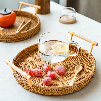 

Rattan Storage Tray, Round Basket with Handle, Hand-Woven, Rattan Tray Wicker Basket Bread Fruit Food Breakfast Display