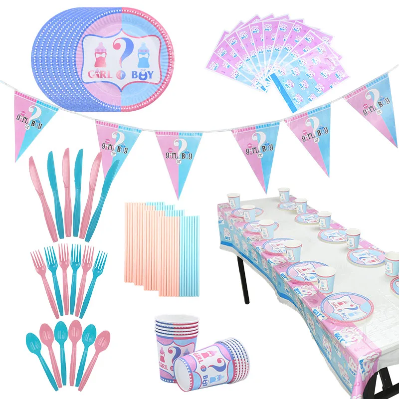 Gender Reveal Party Supplies Disposable Tableware Girl Boy ? Plate Cup Napkin Bags for Gender Reveal Babsy Shower Decorations