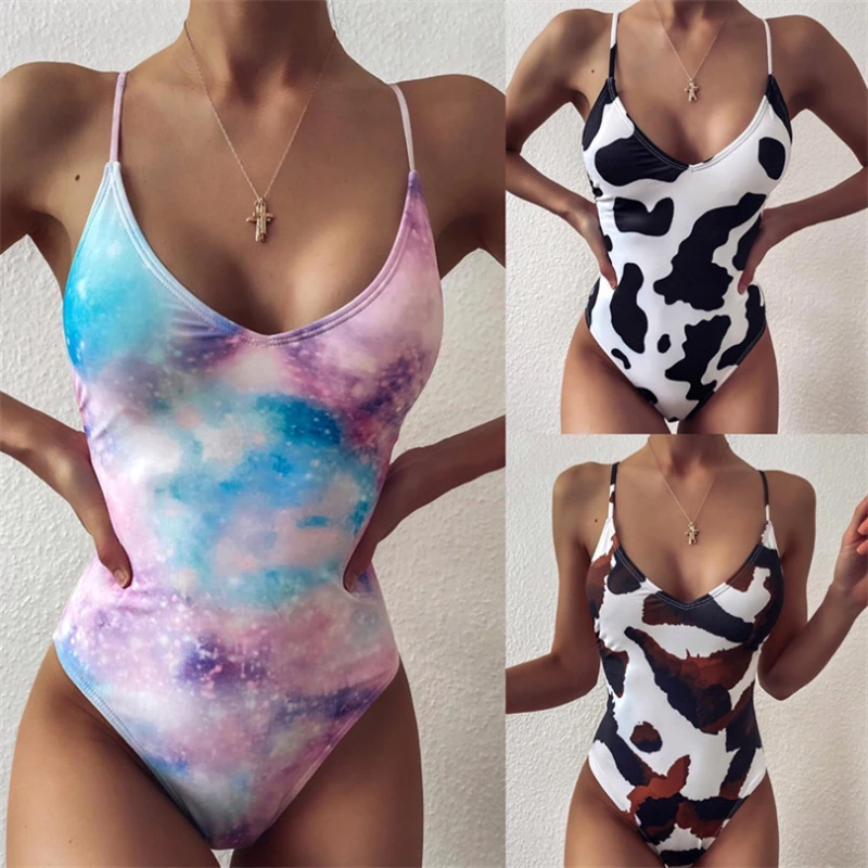 GNIM One Piece Bikini Swimwear Women 2020 Summer Cow Print Swimsuit Beachwear Sexy High Cut Backless Swimming Suit For Women New