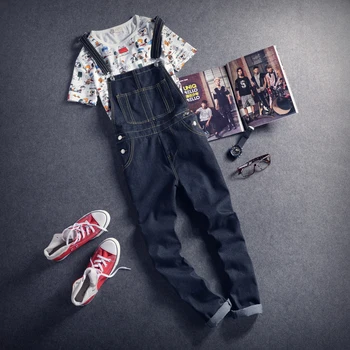 

New solid color washed denim overalls men Korean version of trendy jumpsuit overalls