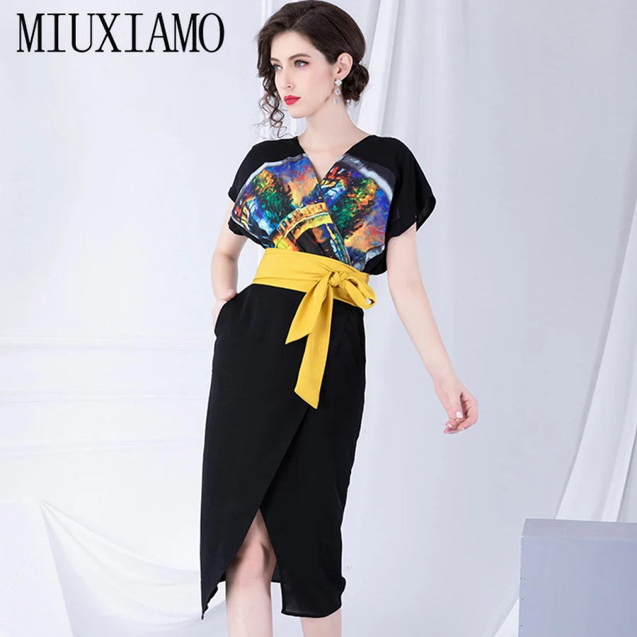 

MIUXIMAO Office Lady 2019 Autumn Dress New Fashion Loose Bust Elastic Back Waist Yellow Sashes Print Mid-Calf Dress Vestidos