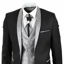 Мужской свадебный костюм из 3 предметов, шаль для жениха, воротник в винтажном стиле, черный, серебристый галстук, смокинг, костюм для выпускного(пиджак+ брюки+ жилет