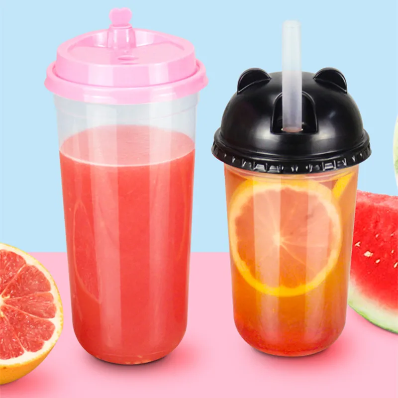

50pcs High quality U shape transparent milk tea cup 400ml 500ml 700ml birthday BBQ picnic party drink plastic cups with lid