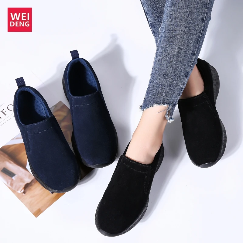 

WeiDeng Women Flock Casual Shoes Leisure Retro Wedges Non Slip Slip On Breathable Light Worm Soft Female Increased 3.5cm