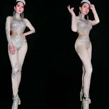 

Silver Rhinestones Spandex Jumpsuits Crystal Sexy Skinny Stage Wear Sparkling Diamond DJ Singer Costumes Rompers Bodysuts Women
