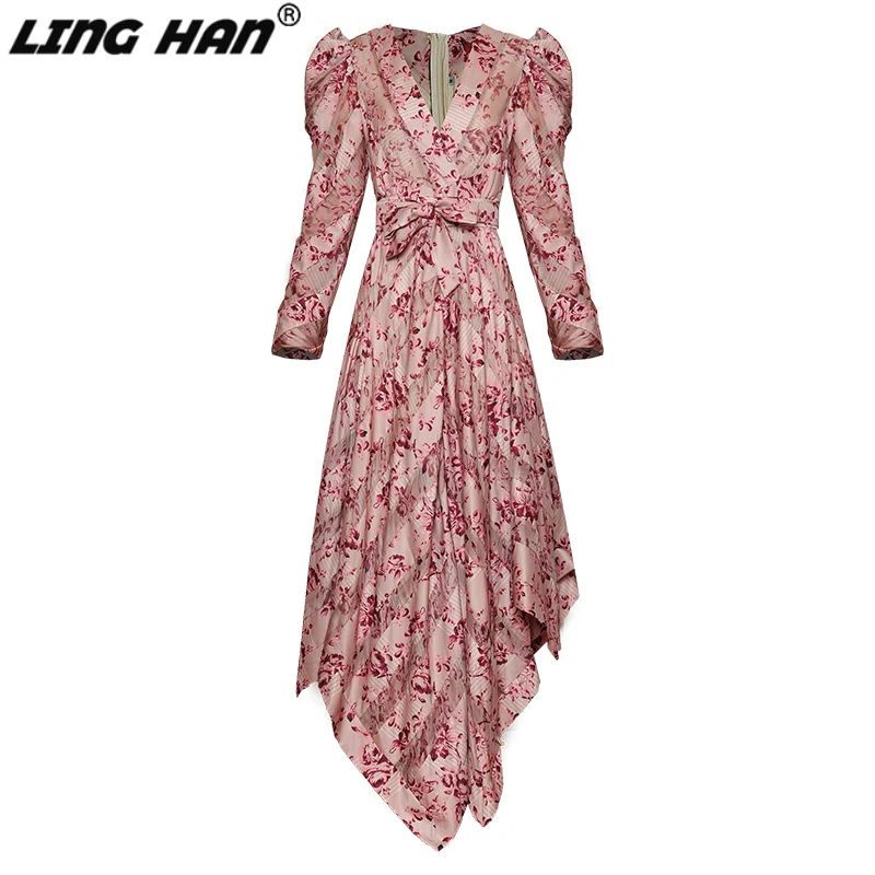 LINGHAN/модное дизайнерское платье для подиума; сезон весна-осень; женское платье с v-образным вырезом и длинным рукавом; асимметричное платье на шнуровке с цветочным принтом