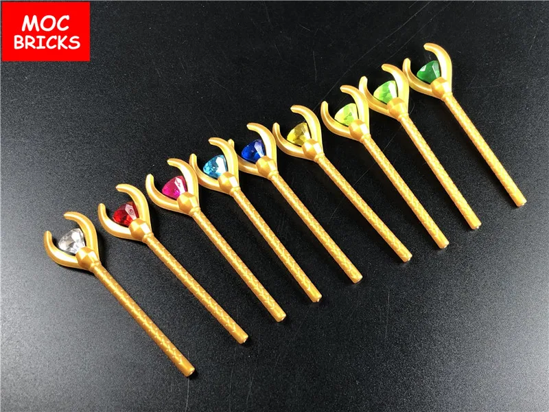 

MOC 10pcs\lot Golden Scepter with Treasure Diamond Seven Different Colors blocks bricks DIY 93252 assemble bricks 30153