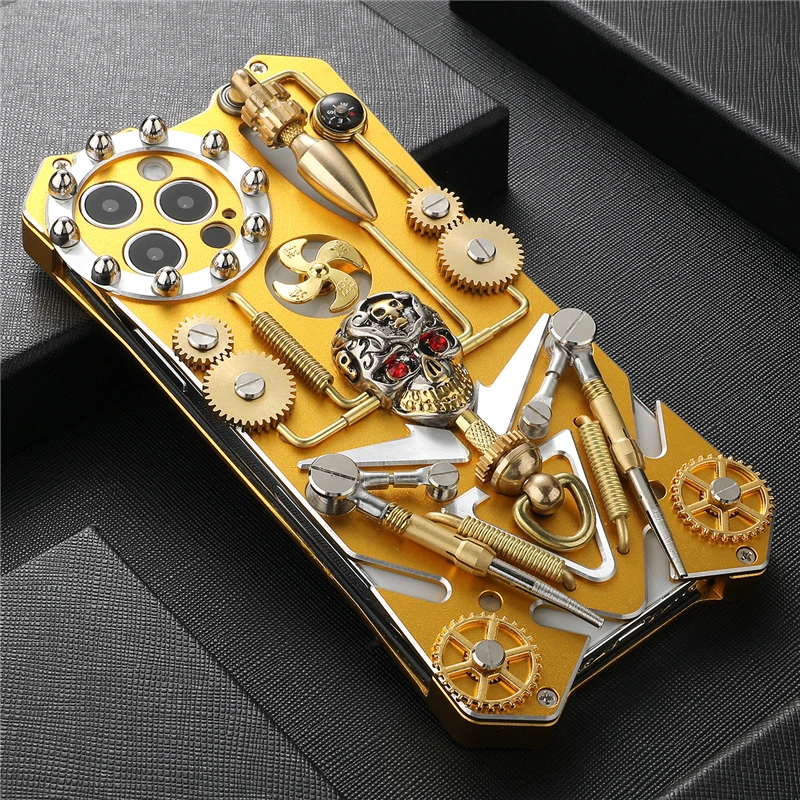 Luxury Armor Metal Aluminum pure copper Cover For iphone 12 PRO MAX mini case mechanical gear purely handmade Skull Phone shell