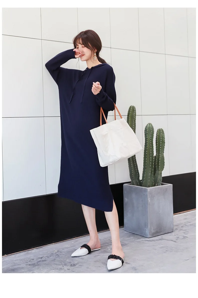 HXJJP шерстяное платье новое осенне-зимнее корейское свободное трикотажное платье-свитер средней длины с капюшоном женское офисное платье