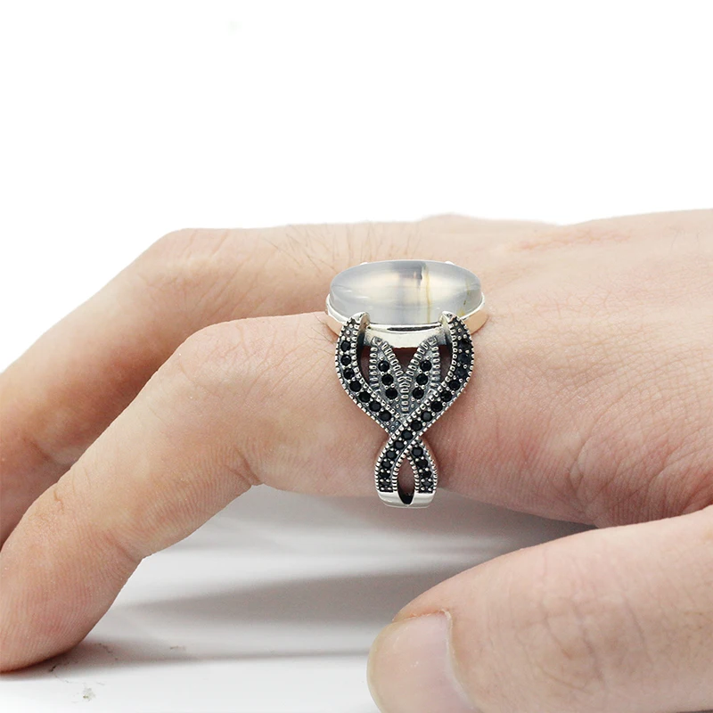 925 пробы Серебряное мужское кольцо с овальным большим натуральный камень оникс кольцо и черные CZ кольца для мужчин и женщин турецкие ювелирные изделия