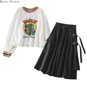 

Womens Two Piece Set Tracksuit Sets Cartoon Print O-neck Funny Sweatshirt Hight Waist Knee Length Pleated Skirts A-line Skirt