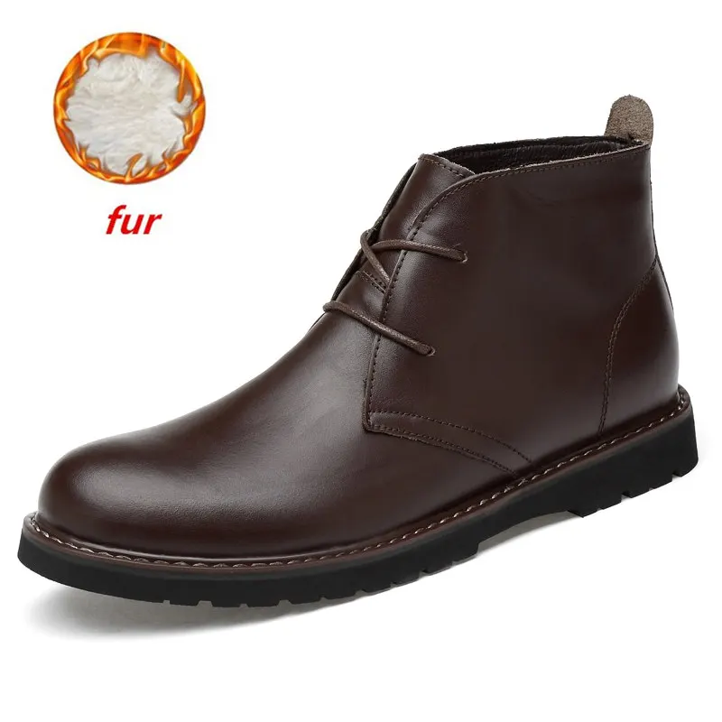 brown with fur Теплые зимние ботинки на меху; Мужская зимняя обувь; мужская кожаная обувь; ковбойская водонепроницаемая обувь; мужская повседневная обувь в байкерском стиле; модель года; обувь; 48 - Цвет: brown with fur