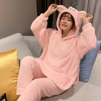 

New Christmas Pajamas Adult Winter Warm Thicken Flannel Women Pajamas Set Cute Hooded Loose Loungewear Women Sleepwear Outwear