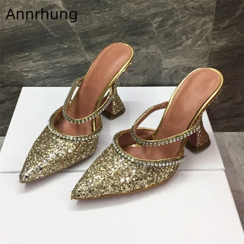 

Gold Sequined Cloth Fashion Runway Mules Sexy High Goblet Heel Pointed Toes Jeweled Rhinestone Banquet Slippers Women
