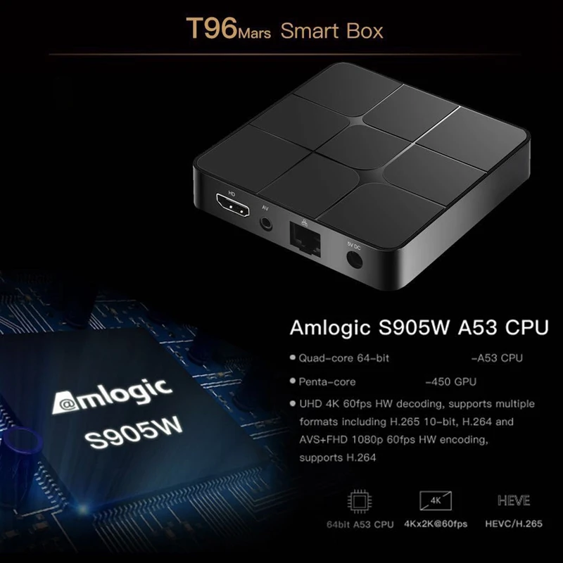 FFYY-T96 Mars Android 7.1.2 ТВ приставка Amlogic S905W 2G+ 16G 2,4 GHz 4K HD H265 Bluetooth 2,1 WiFi медиаплеер телеприставка(штепсельная Вилка европейского стандарта