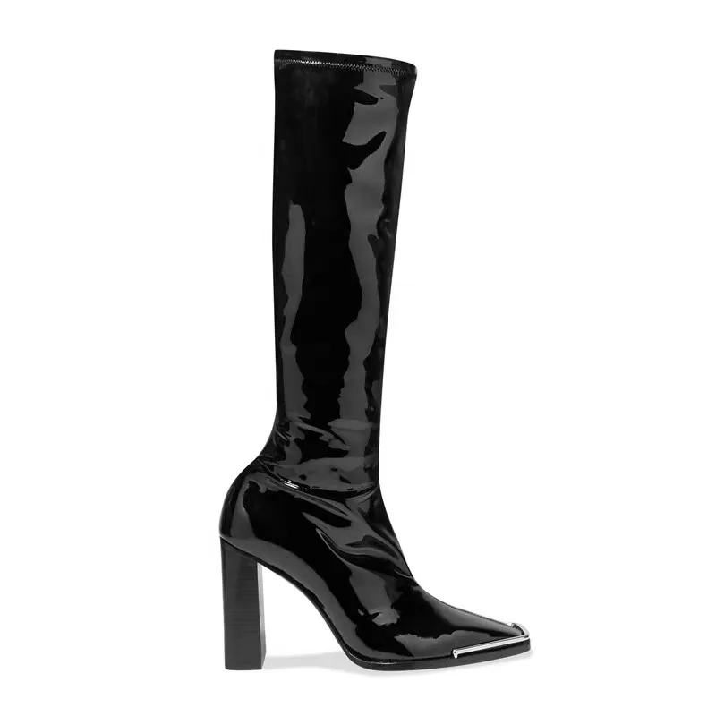 Square Toe high-heeled Women Knee High Boots 2020 Winter New Punk Thick Heel Patent Leather Short Plush Riding Boots Shoes Woman (7)