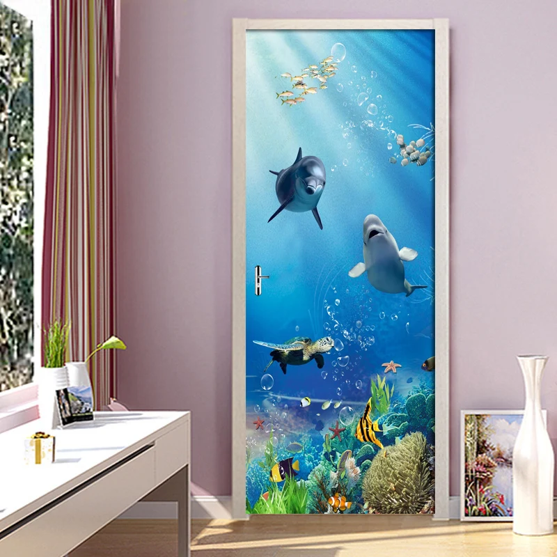 Съемная дверь наклейки Подводный мир морской рыбы Фреска Гостиная Спальня Декор Двери Обои DIY самоклеющаяся Наклейка на стену