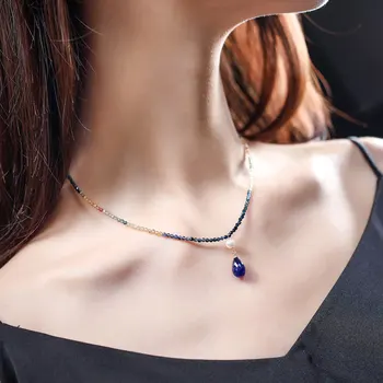 

DMCBS046 G18K gold color sapphire necklace female color treasure handmade custom design clavicle chain