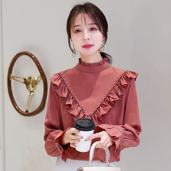 

COIGARSAM Casual Ruffles blouse women New Spring Full Sleeve Chiffon Stand Neck blusas womens tops and blouses White Pink 5091