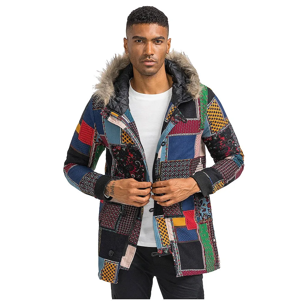 New Thicken Warm Men Casual Winter Fox Fur Collor Skiing Jackets Warm Floral Print mens jacket Coats Winter Cotton Hooded Long