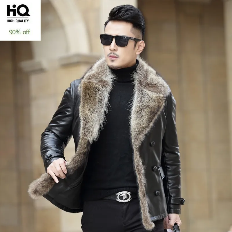 

Genuine Leather Jacket Men Casual Turn-down Collar Office Short Coats Male Raccoon Dog Fur Collar Winter Warm Outwear Plus Size