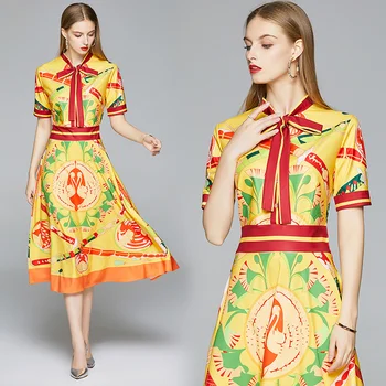 

Simgent Yellow Dress Bow Neck A Line Printing Midi Blouse Summer Dress Women Ropa Mujer Verano 2020 SG06128