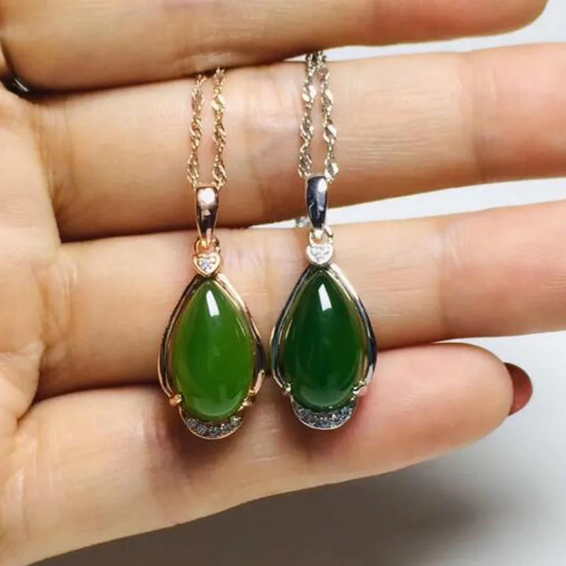Natural 925 Sterling Silver Hetian Jasper Water Drop Silver Chain Pendant For Womens Charms Jewelry Christmas Gift
