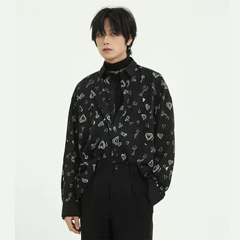 

Men Casual Print Loose Long Sleeve Shirt Male Women Vintage Fashion Japan Korea Style Streetwear Shirt Couple Shirt