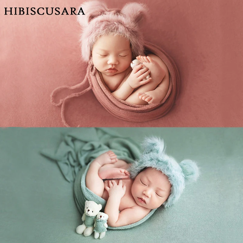 

New Arrival Newborn Infant Photography Props Faux Fur Knitted Hat Bear Doll 2pcs Set Baby Photo Accessories Pictures Costumes